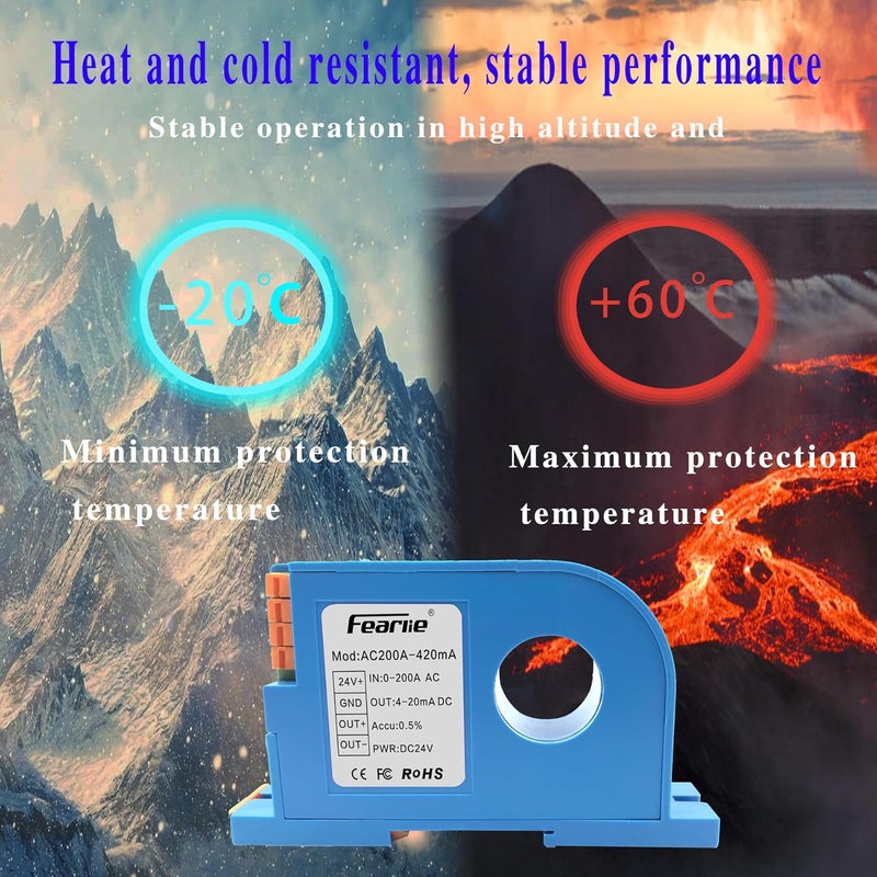 FEARLIE AC Current Transmitter,Hall DC Sensor,Output to PLC or Instrument,High Precision Perforated Sensing Current 0-200V-420mA - Image 4